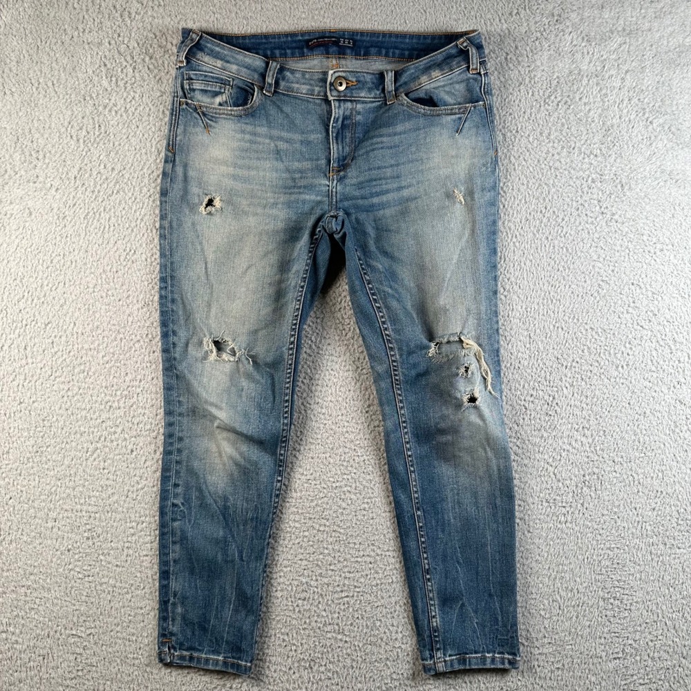 Zara Z1975 Japanese Denim Distressed Slim Cropped Blue Jeans Women 32x25 Stretch